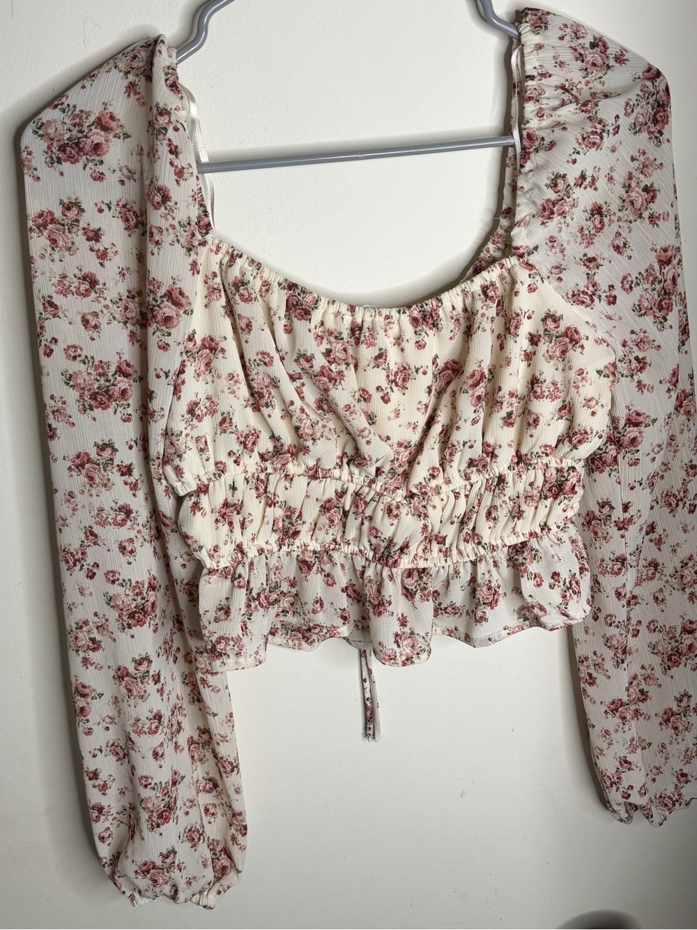 Floral Smocked Cream Crop Top with Tie Front - Picture 3 of 3